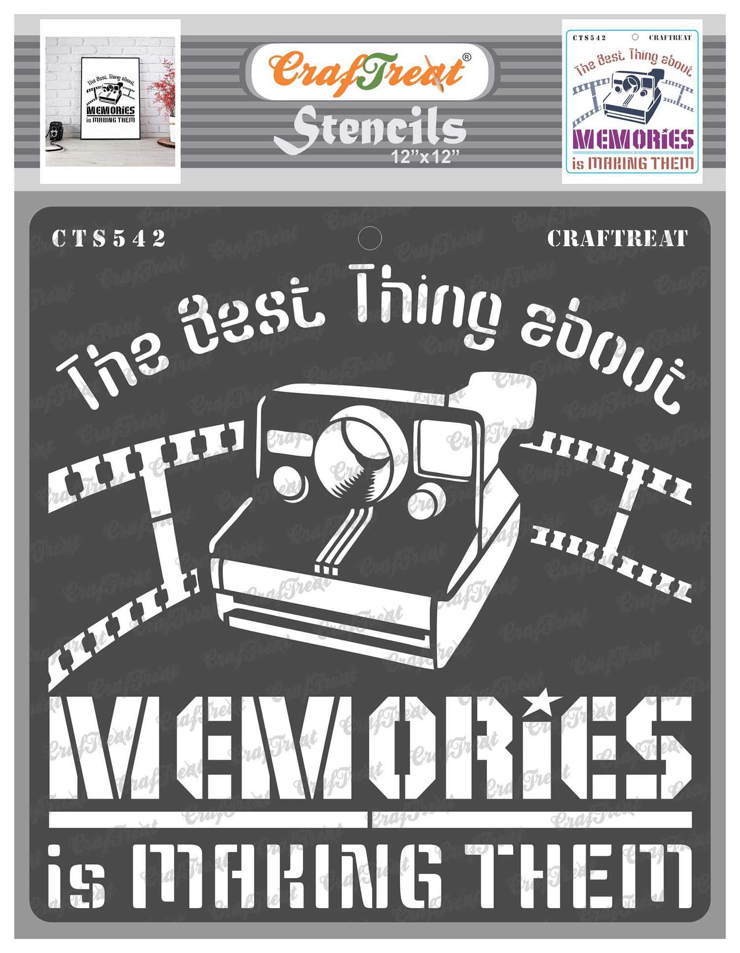 CrafTreat Reusable Quote Stencils for Painting on Wood, Canvas, Paper, Fabric, Floor, Wall and Tile - Making Memories -12x12 Inch - Camera Stencils and Templates for Painting - Memories Stencil