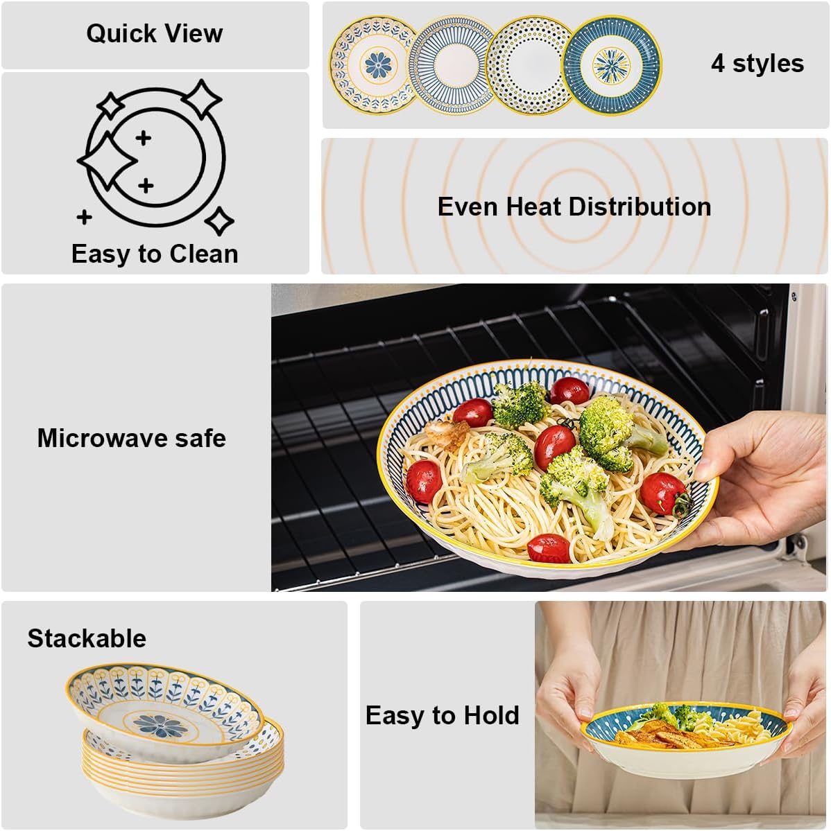 Yeacccng Bohemian Pasta Bowls Set of 8, 8 Inch 24 Oz Ceramic Salad Bowls, Shallow Wide Kitchen Bowls, Lead-Free Cadmium-Free, Dishwasher Microwave Oven Safe, Scratch-Resistant Boho Serving Bowls