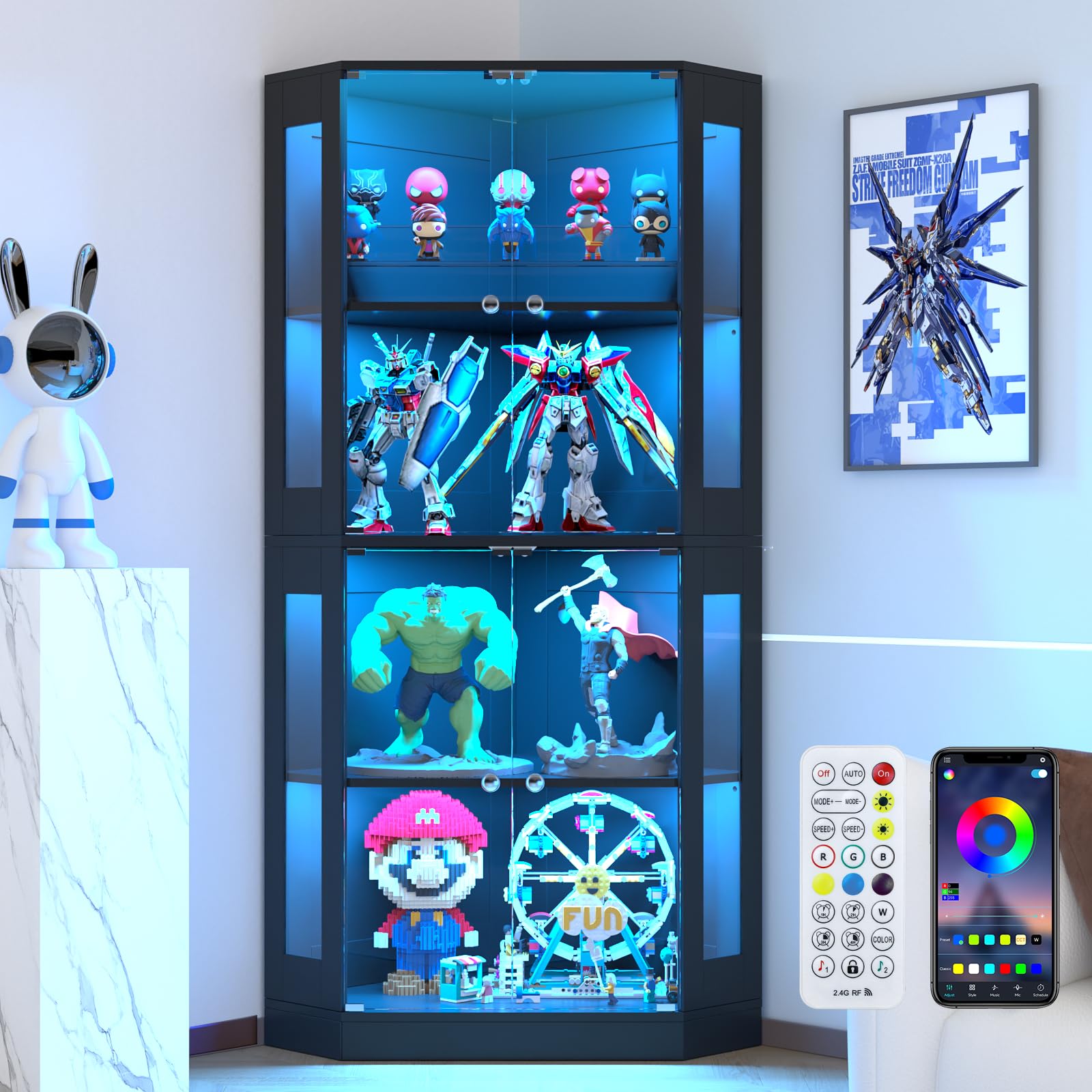 VOWNER Eck-Vitrine 165cm mit LED-Beleuchtung & Intelligente Sensorik, 4-stufige Schauvitrine, Glasvitrine für Wohnzimmer & Büro Sammlerstücke, Spirituosen (Schwarz, 4 Regalböden)