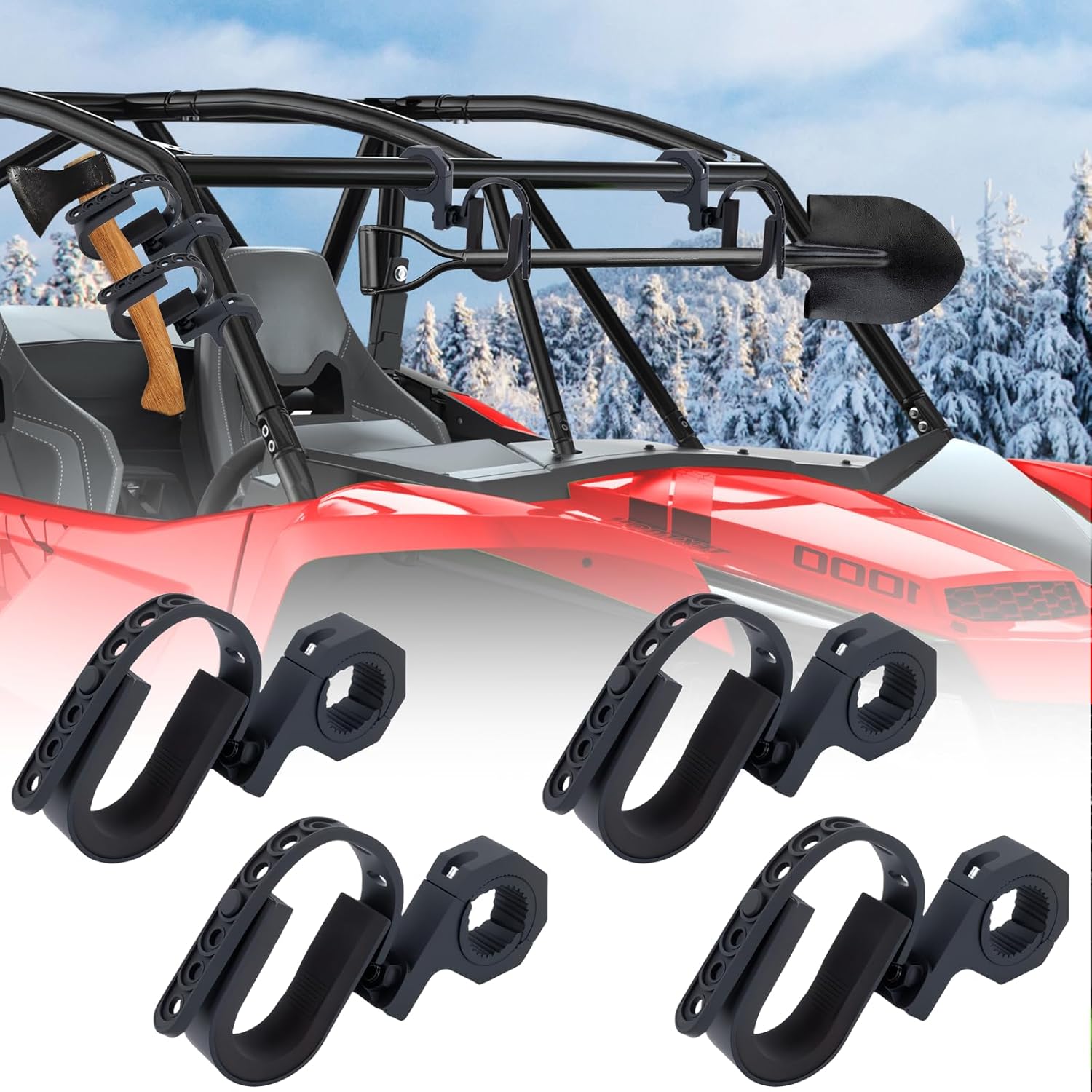 UTV Tool Holder Rack, Roll Bar UTV Tool Holder Shovel Mount Bow Rack Fits 1.75”- 2” Roll Bars Compatible with Snowmobile Golf Cart,2 Sets