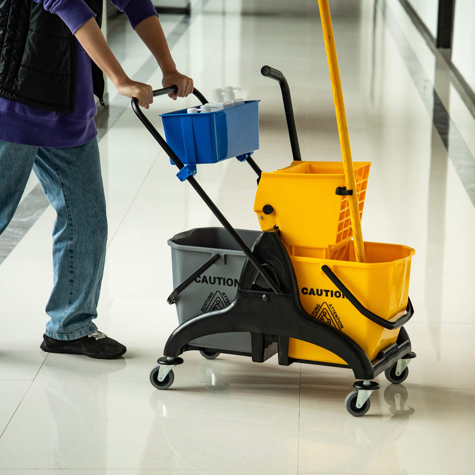 HOMCOM Cubo de Fregona con Ruedas, 26 L, Cubo de Fregar con Sistema de Escurridor de Presión Lateral, Asa de Transporte y Doble Cubetas Separadas para Doméstico y Comercial, Amarillo y Azul
