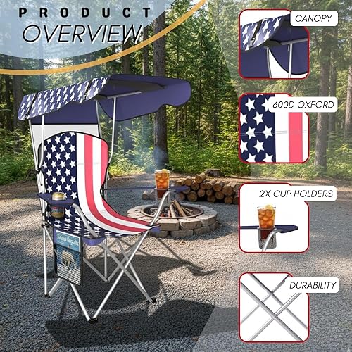 Miniatura 7 de Sillas de camping plegables portátiles con toldo y toldo para adultos, tela Oxford 600D duradera resistente a la intemperie, silla de campamento con