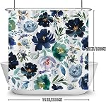 Rideau de douche bleu foncé, Rideau de Douche Florale Bleu Navy Set pour salle de bain,Bleu vert aquarelle fleur de tissu Rideau de bain avec crochets, 72x72in