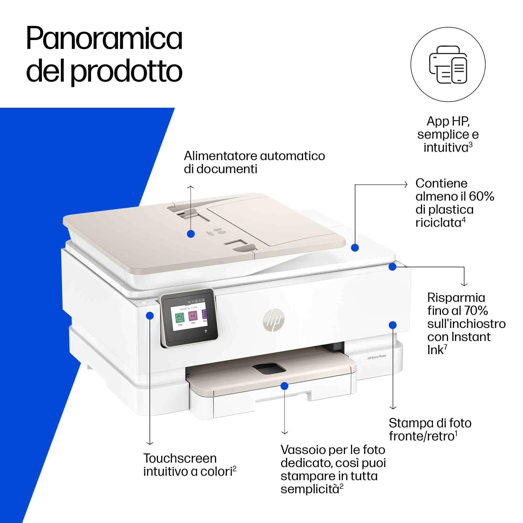 HP Envy Photo 7930 B63K5B, Stampante Multifunzione a Getto d'Inchiostro A4 a Colori, Foto, Fronte/Retro Automatico, 22 ppm, app, 3 Mesi di Inchiostro Instant Ink Inclusi, Bianca