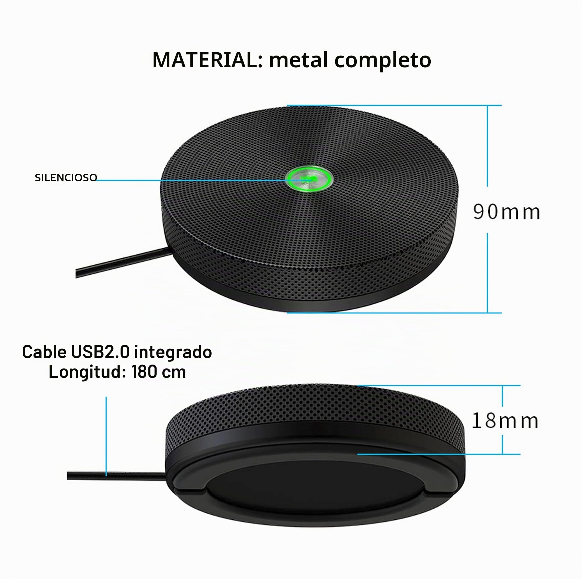 PowerMic, Micrófono de Conferencia USB, micrófono omnidireccional de Metal con cancelación de Eco y Ruido, captación de Voz de 360° a 3 Metros, para Sala de reuniones u Oficina