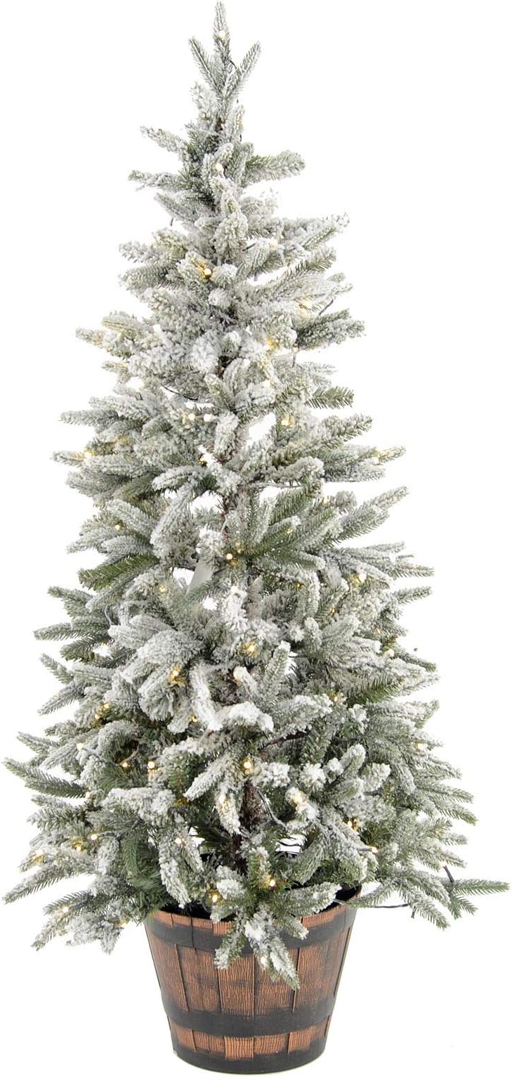 4.5ft Pre-Lit Christmas Tree Snow Flocked Pine Branches 150 Static LED Lights Barrel Potted Indoor Use 138cm