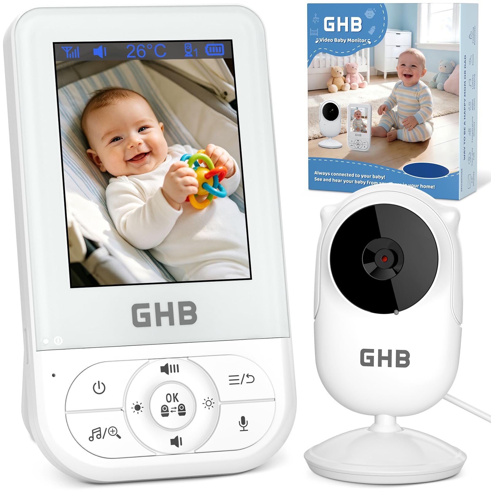 GHB Babyphone mit Kamera Baby Monitor 2,8 Zoll mit Nachtsicht VOX Schlaflieder Gegensprechfunktion Temperatursensor Max. 4 Kameras Unterstützt Weiß