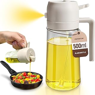 PORTENTUM 17oz Oil Spray Bottle - 2 in 1 Olive Oil Dispenser Bottle for Kitchen Accessories - Spray bottles For Air Fryer Kitchen Gadgets (White)
