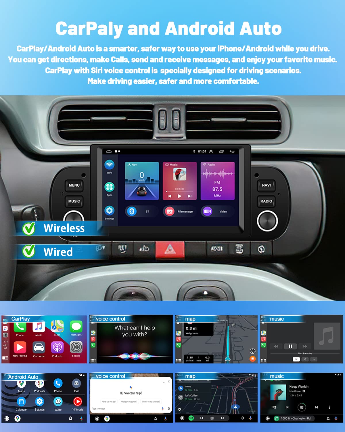 Hikity Android 15 Radio Coche para Fiat Panda 2013-2020 con Carplay Inalámbrico 6,2" Pantalla Táctil Autoradio Bluetooth con GPS Android Auto WiFi FM RDS SWC Mic Cámara Visión Trasera + Dash CAM — view 4