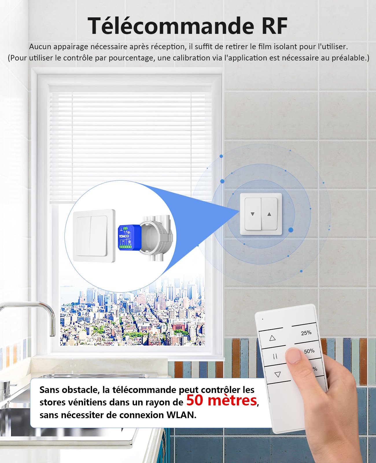 YOMOGI Module Volet Roulant Connecté avec Télécommande RF, Module WiFi pour Rideau Stores Compatible avec Alexa Google Home pour Contrôle en Pourcentage, Télécommande Appairée (1)