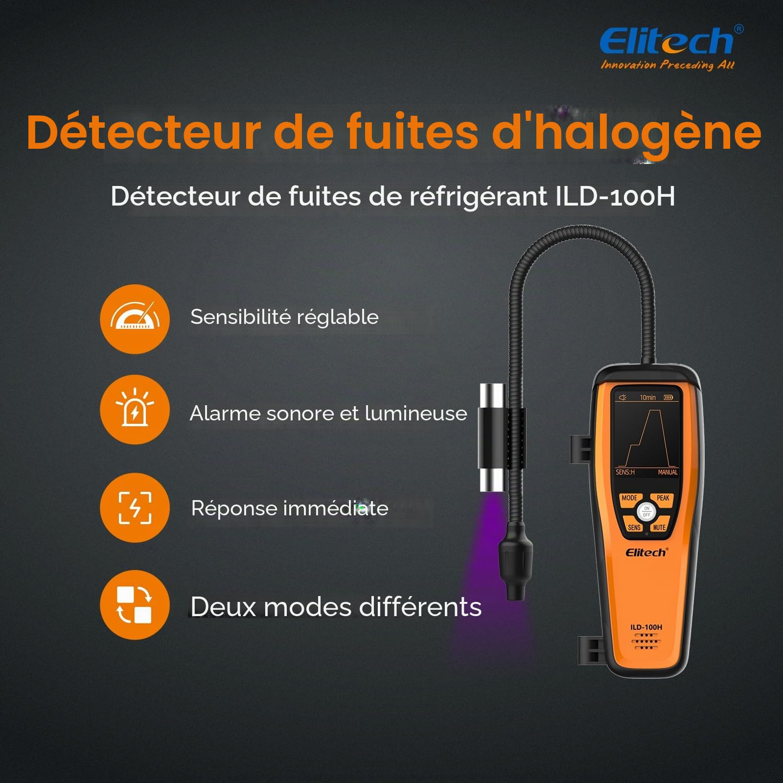 Elitech Détecteur de Fuite de Réfrigérant Diode Chauffée - Outil de Détection de Fuite Halogène pour Climatisation Automobile CVC R32 R404A R134A etc., ILD-100H