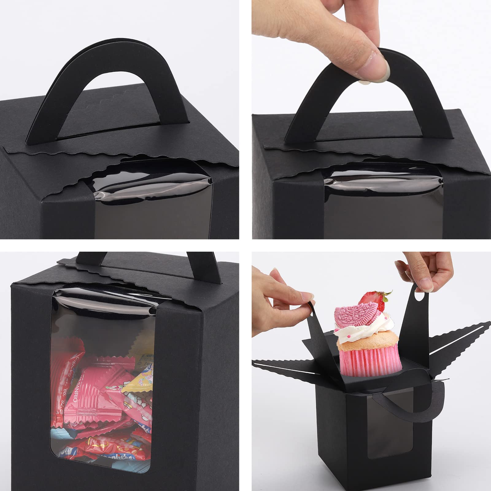 100 cajas de magdalenas negras con ventana individual individual con asa e insertos para bodas, fiestas de cumpleaños, regalos