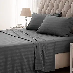 SLEEP ZONE Striped Cooling Sheets Set Full Size - Fitted Flat Sheet & Pillowcase Sets 4 Piece - Super Soft Stripe Bed Sheet, Easy Care, Deep Pocket (Gray, Full)