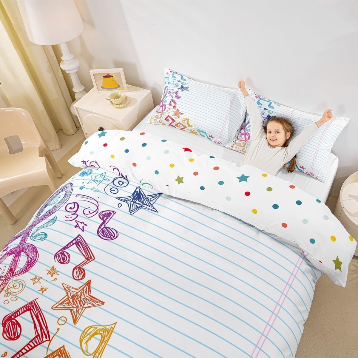 Musical Notes Duvet Cover Queen Size Music Theme Comforter Cover for Kids Boys Girls Teens Geometric Stripes Lines Bedding Set Stars Spiral Jazz Quilt Cover with Corner Ties Room Decoration image 2