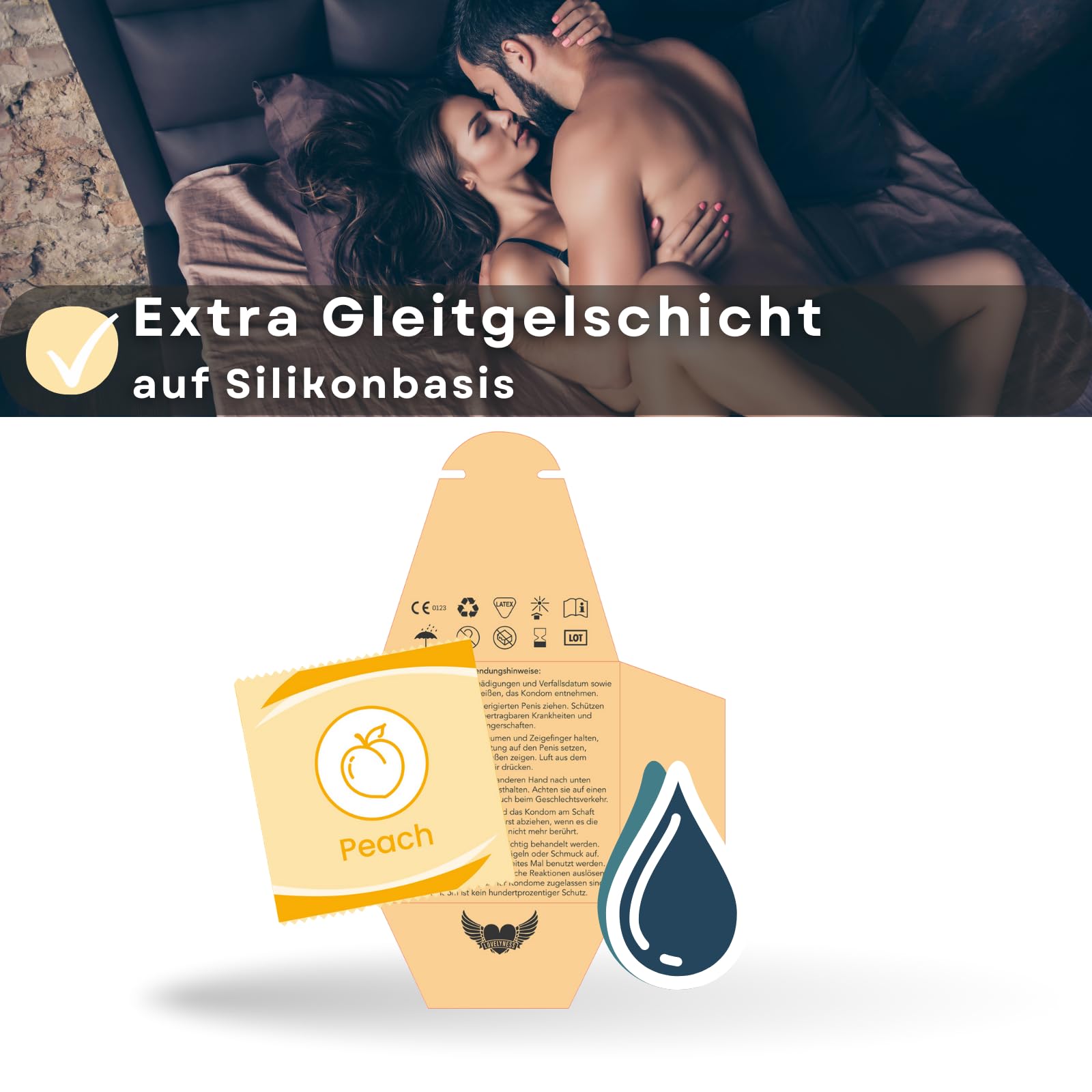 Kondome mit Geschmack Pfirsich 52mm - 200 Stück Gefühlsecht Extra dünn Extra feucht Analverkehr Gleitfilm von Lovelyness