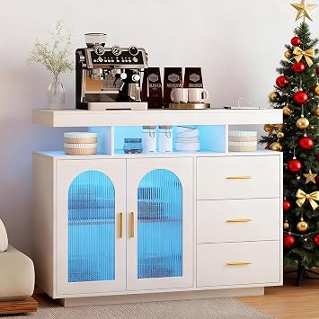 40" LED Buffet Cabinet with Charging Station, Auto Sensor Kitchen Storage Cabinet with RGB 24 Color Lights, Coffee Bar Cabinet with 3 Drawers,Sideboard Buffet Cabinets for Living Room White