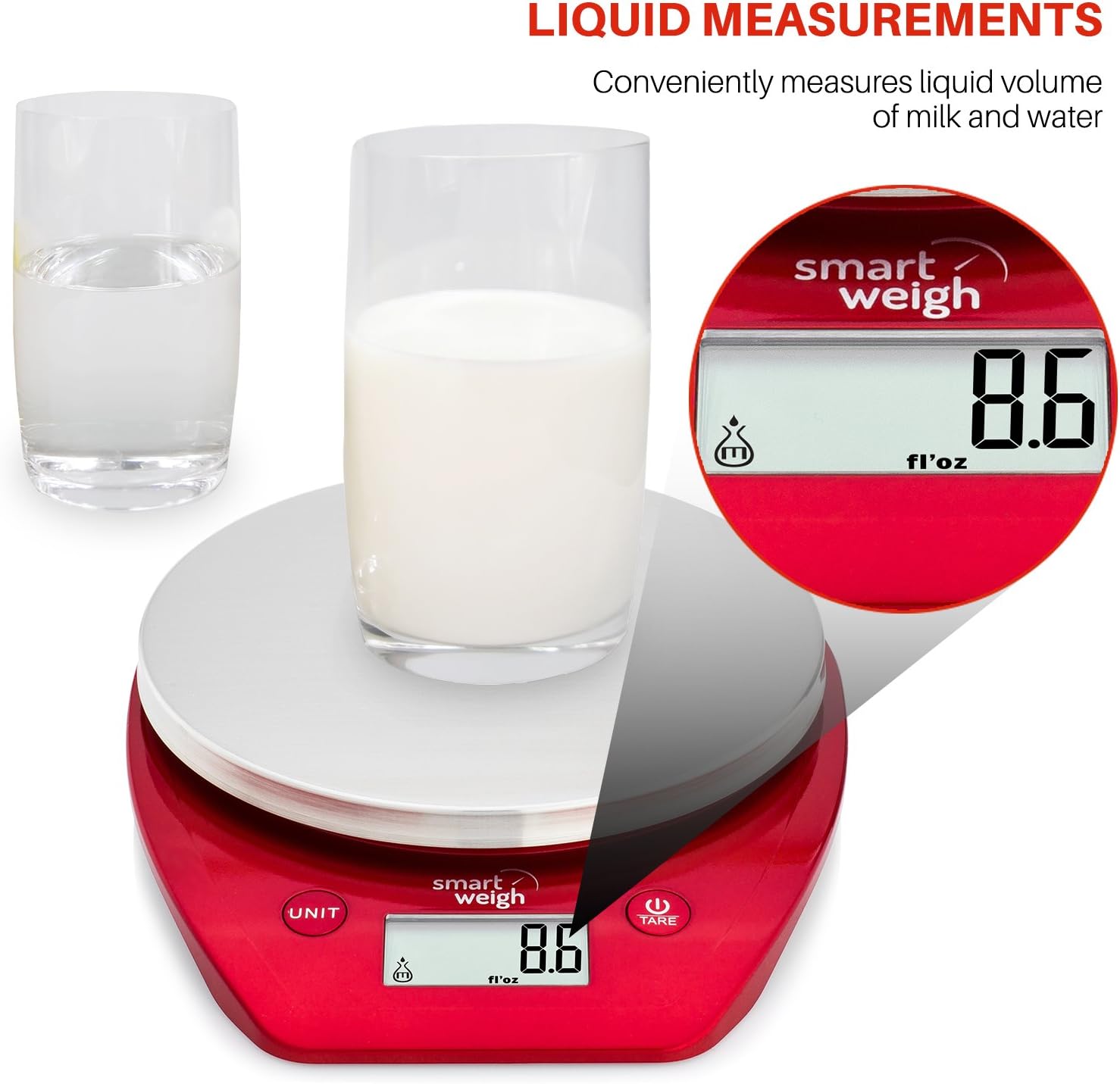 Smart Weigh Digital Kitchen and Food Scale w/Slim Stainless Steel Platform, LCD Display, Easy Tare, Diet Portion Nutrition Scale for Baking, Cooking Prep, Batteries Included, 11 lbs / 5 kg, Red