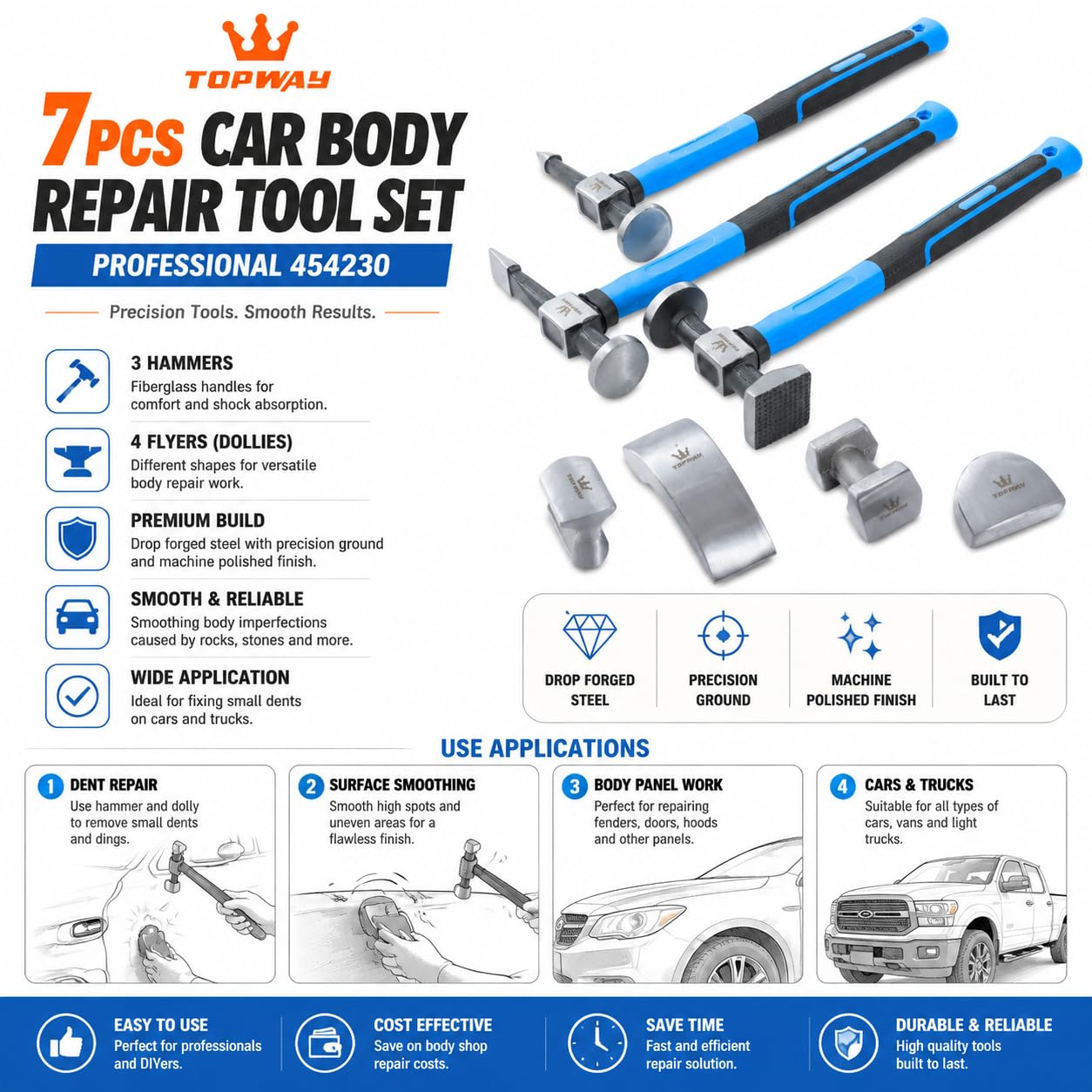 TOPWAY Ensemble d'Outils de Réparation de Carrosserie 7Pcs Professional Marteaux et Tas pour Carrossier avec Manches de Fibres de Verre 454230