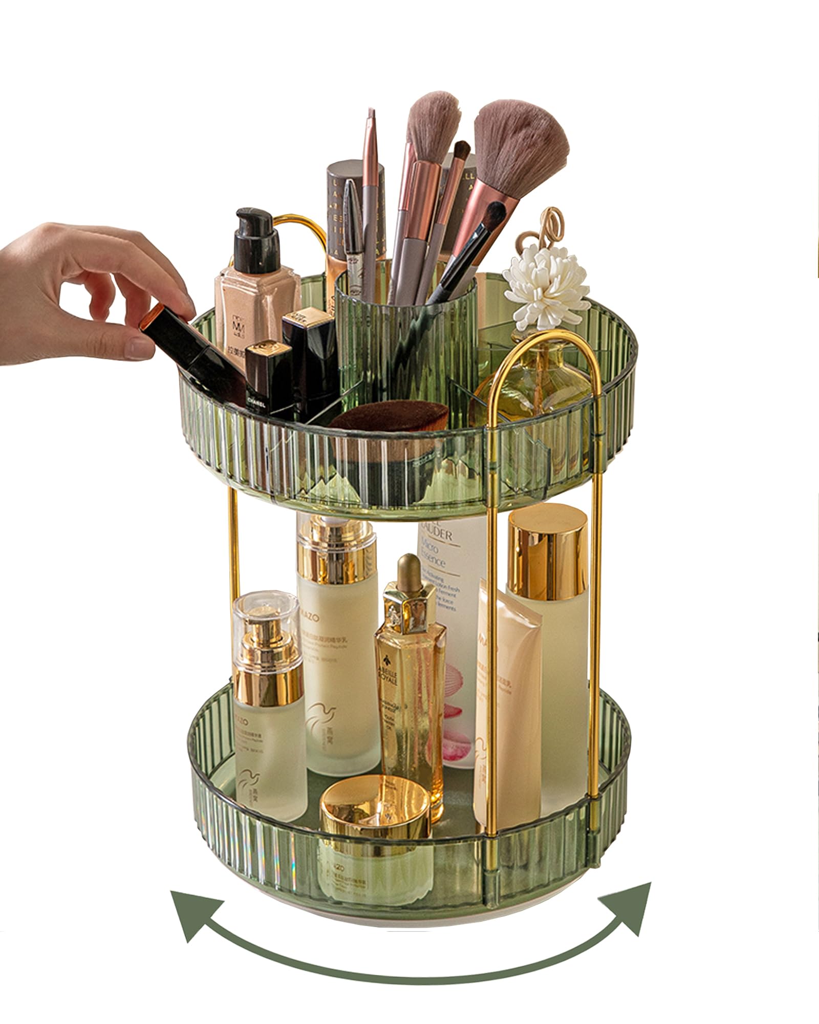 Asayuee Organizador de maquillaje giratorio de 360 grados, organizadores y almacenamiento de maquillaje de gran capacidad de 2 niveles, organizadores de tocador de perfume para el cuidado de la piel,