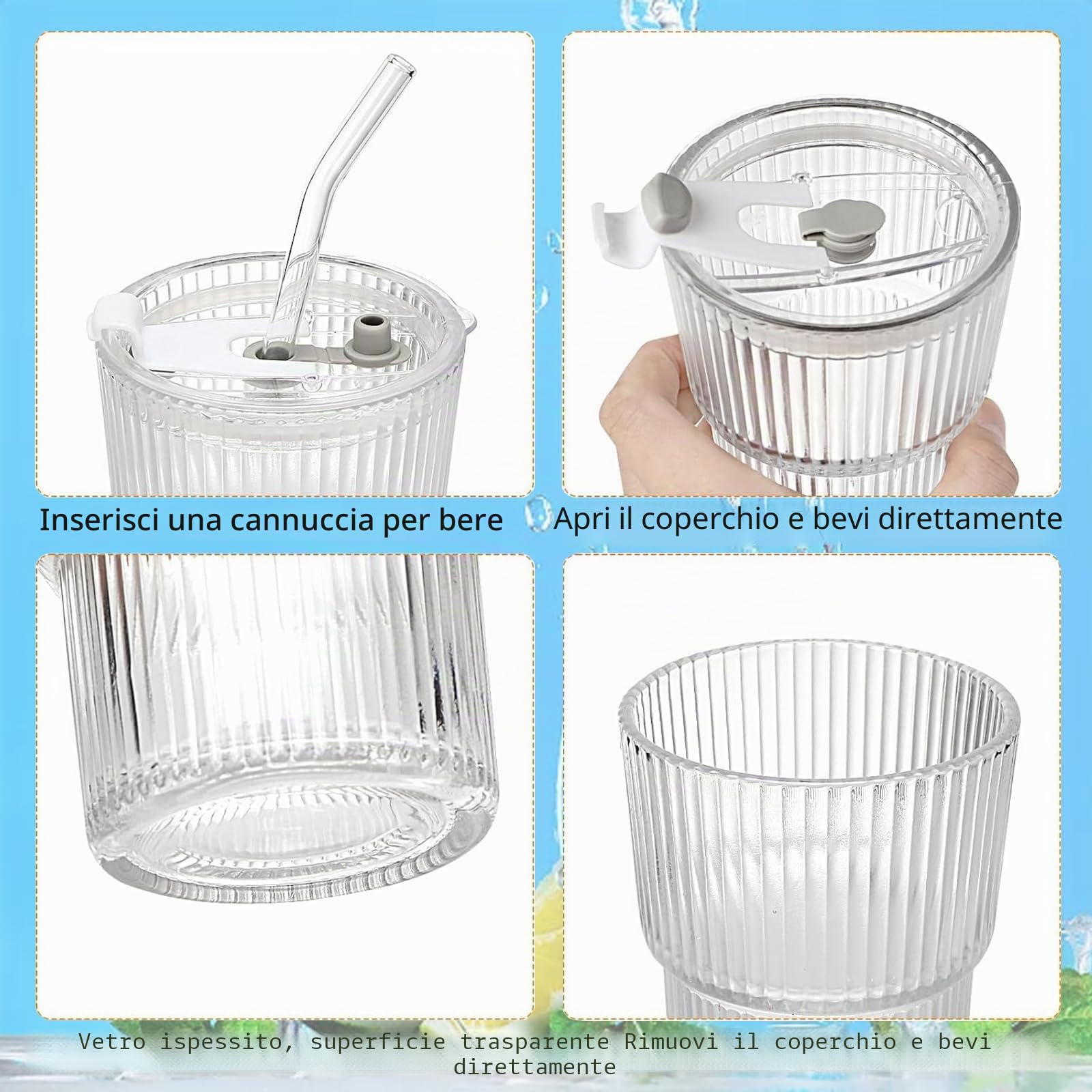 2 Pezzi 600ml Bicchieri da Acqua con Coperchio e Cannuccia,Tazza da Caffè Ghiacciata,Vetro Bicchiere per Smoothie,Tazza da Succhi Trasparente, per Latte, Acqua, Succo, Tè