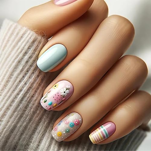 24Pcs Easter Press on Nails Easter Egg & Glossy Flower
