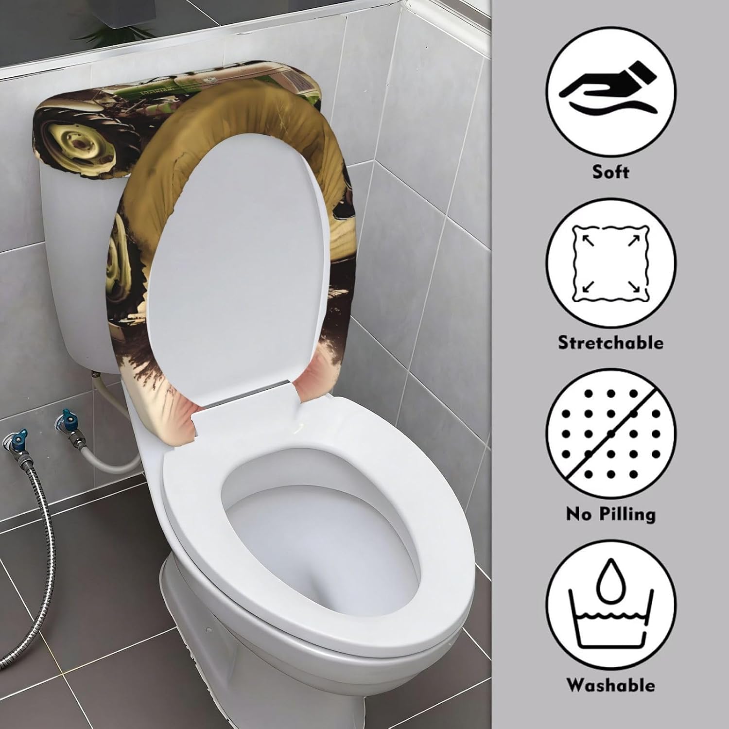 Old Tractor Photo Farm Toilet Tank Cover And Toilet Lid Cover Set Stretch Bathroom Toilet Lid Seat Cover