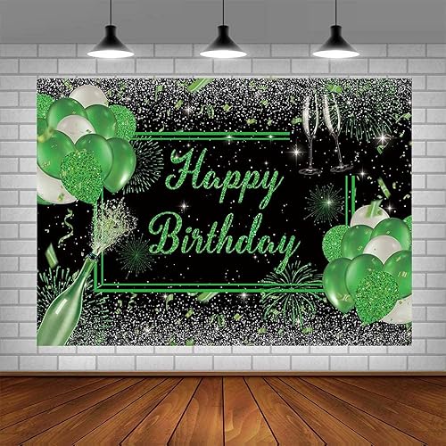 Miniatura 4 de Telón de fondo de feliz cumpleaños de 7 x 5 pies para mujeres y hombres, globos de champán con purpurina verde para fotografía de cumpleaños,