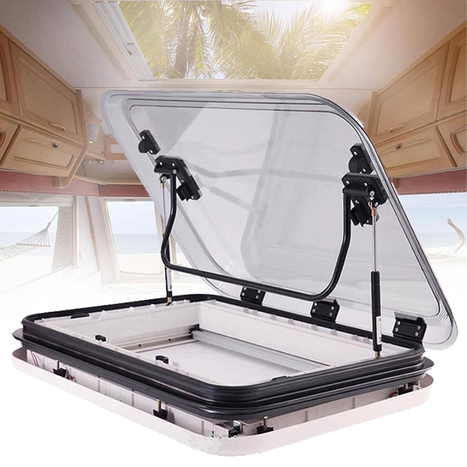 LHUITUI Roof Skylight Vent Kit, RV Window Skylights, Caravan Motorhome Roof Vent Hatch, Anti-UV, Gas Lift Spring, 12V LED Light, Compatible With RV Caravan Roof Window Hatch 700 * 500mm