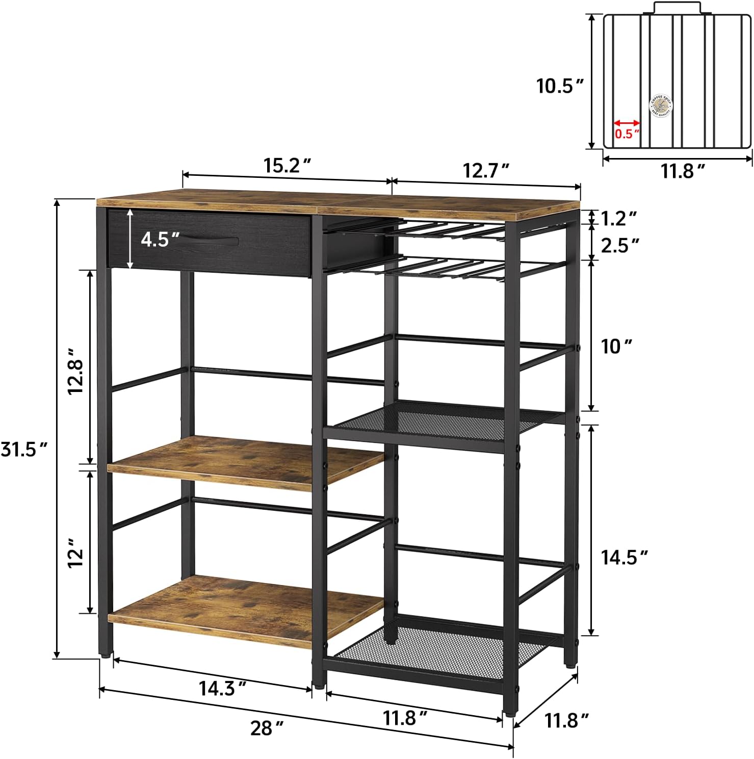 Coffee Bar with Integrated Storage,5-Tier Coffee Bar Cabinet with Drawers,Kitchen Coffee Bar Table with 2-Layer Capsule Drawer,for Living Room and Corner Kitchen Bar Table,Vintage Brown