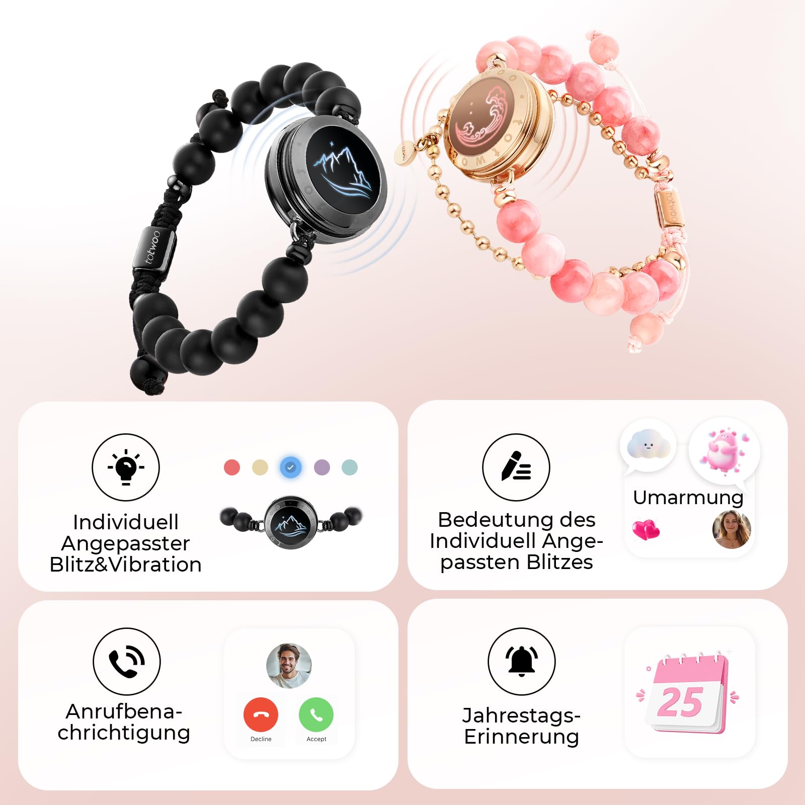 TOTWOO Intelligente Partnerarmbänder für Fernbeziehungen mit 1-zu-1-Bluetooth-Kopplung per App – Romantisches Geschenk mit Leuchten & Vibration bei Berührung, aus Edelstahl 316