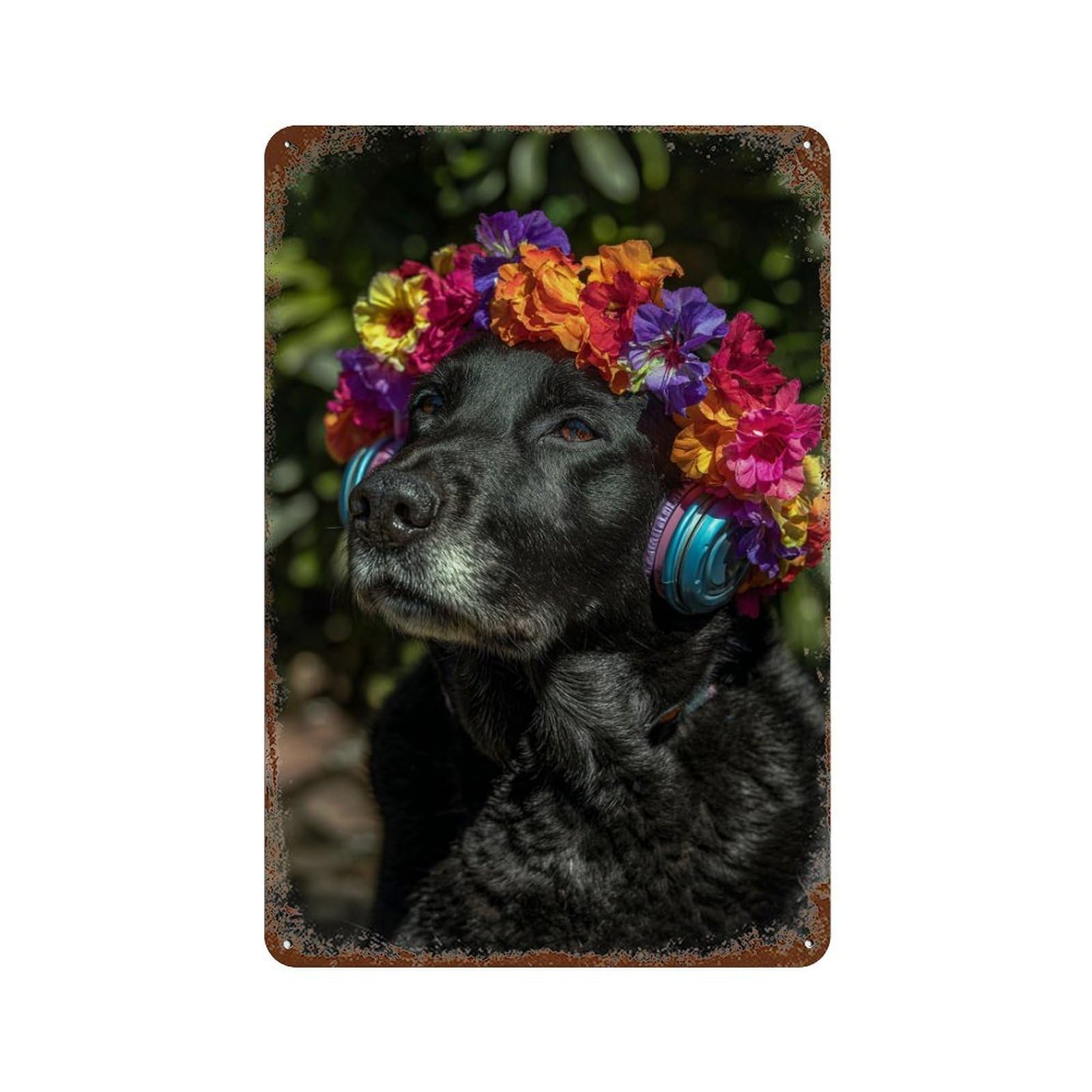 Dog with Headphones And Flowers Retro Metal Sign 11.8"x7.9", Industrial Home Decor for Garage, Pub Or Kitchen