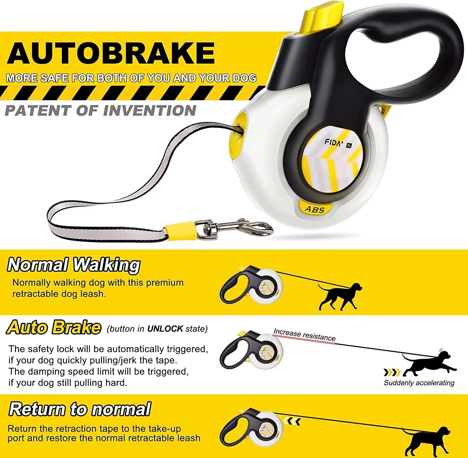 FIDA AutoBrake Retractable Dog Lead, Anti-Pull Patented