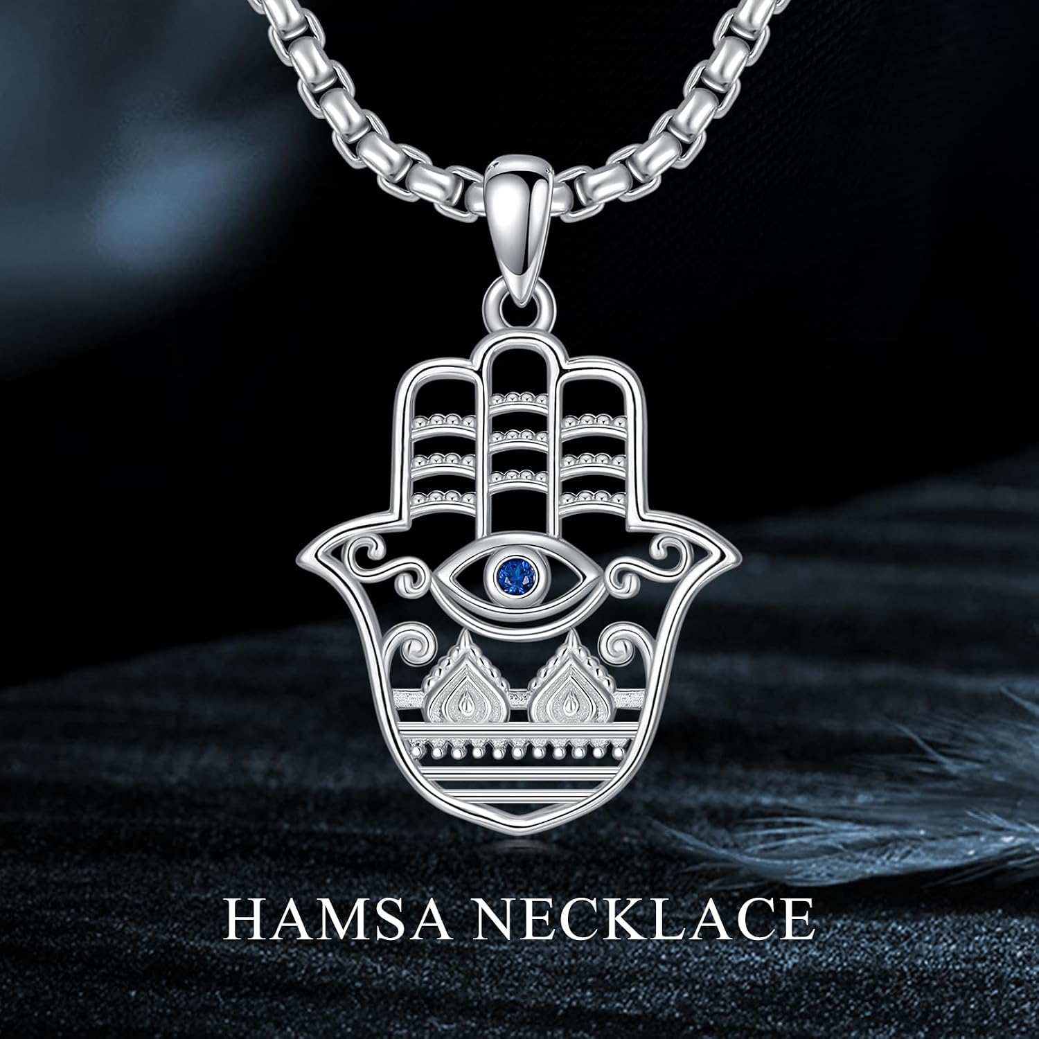 Hamsa Necklace 925 Sterling Silver Blue CZ Evil Eye Pendant Lucky Protection Amulet Jewelry Third Eye Necklace Gift for Men Women