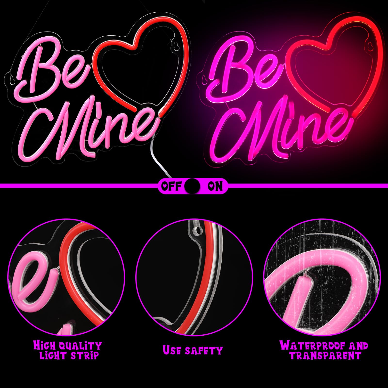 Huquary Neonowy znak w kształcie serca, walentynkowy znak "Be Mine" o wymiarach 40 x 21 cm, walentynkowa lampa okienna LED, zasilanie USB, na ślub, zaręczyny, dekoracja ścienna
