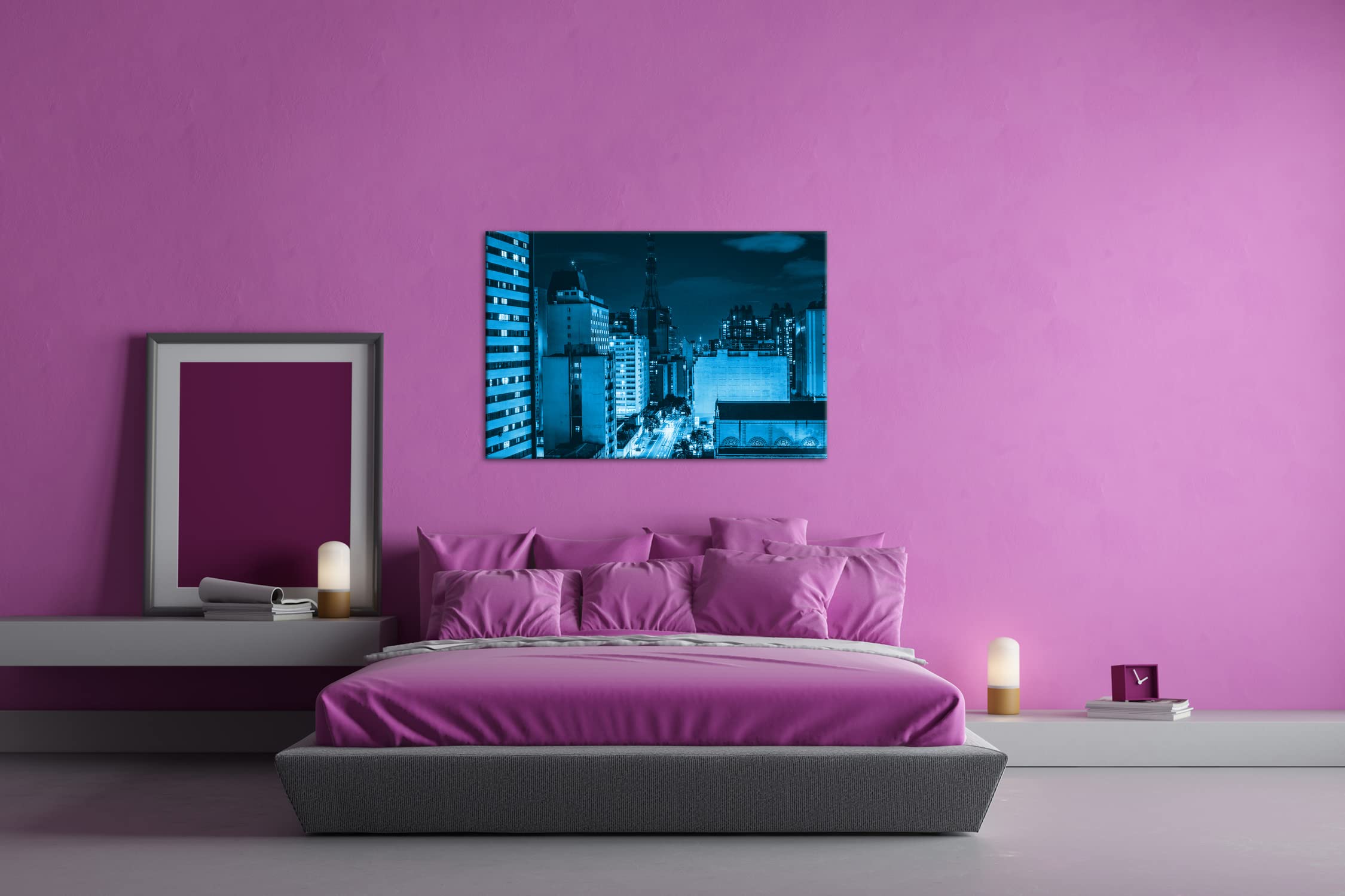 Strade luminose della città, formato: 120 x 80 cm, effetto: disegno come tela, motivo già incorniciato su telaio in vero legno, stampa digitale di alta qualità con cornice, nessun poster o poster