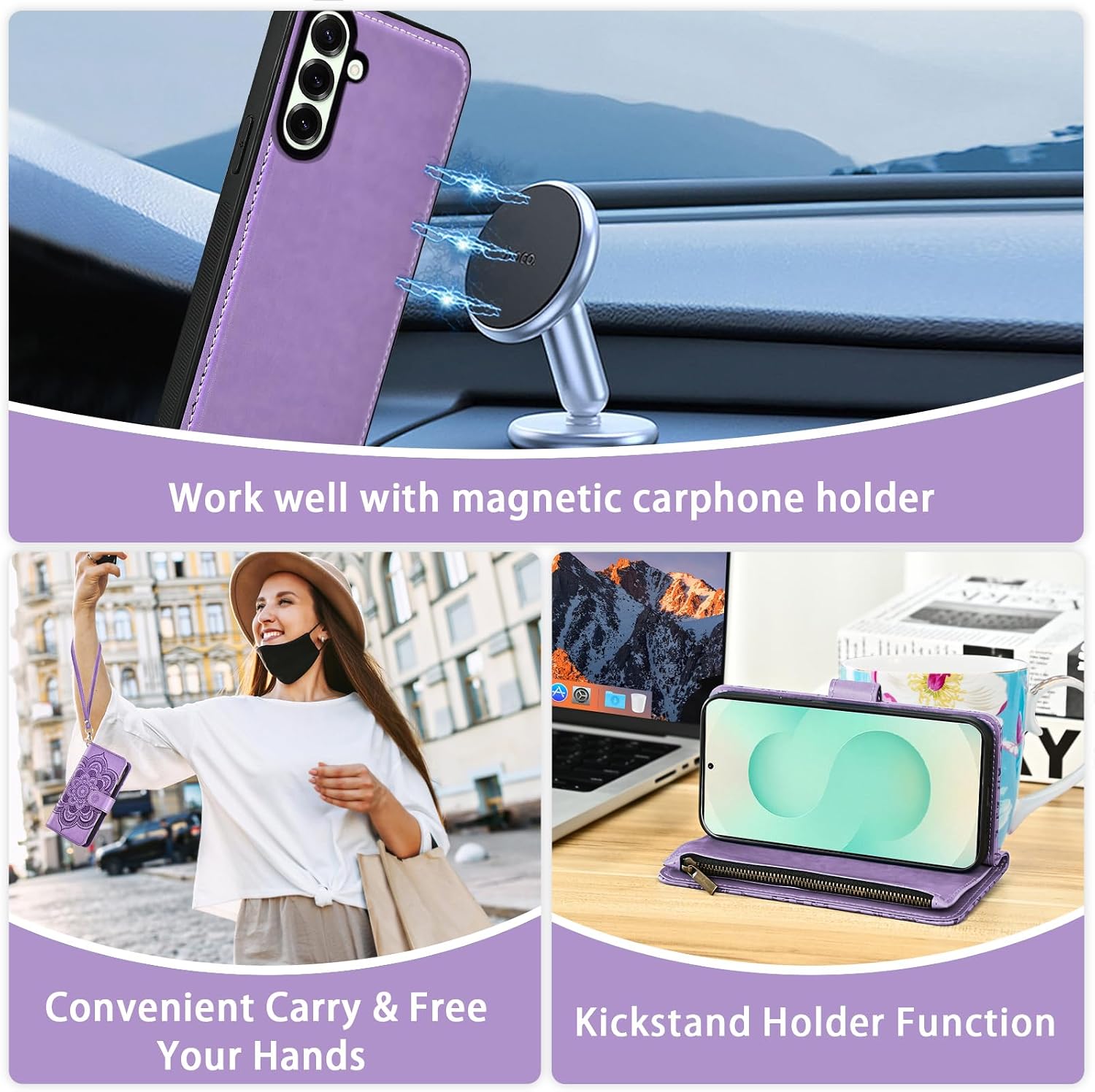 Asuwish Phone Case for Samsung Galaxy S25 Plus S25+ 5G Zipper Wallet Cell Cover with Tempered Glass Screen Protector Crossbody Strap Flower Card Holder S25Plus 25S + S 25 25+ SM-S936U Women Men Purple