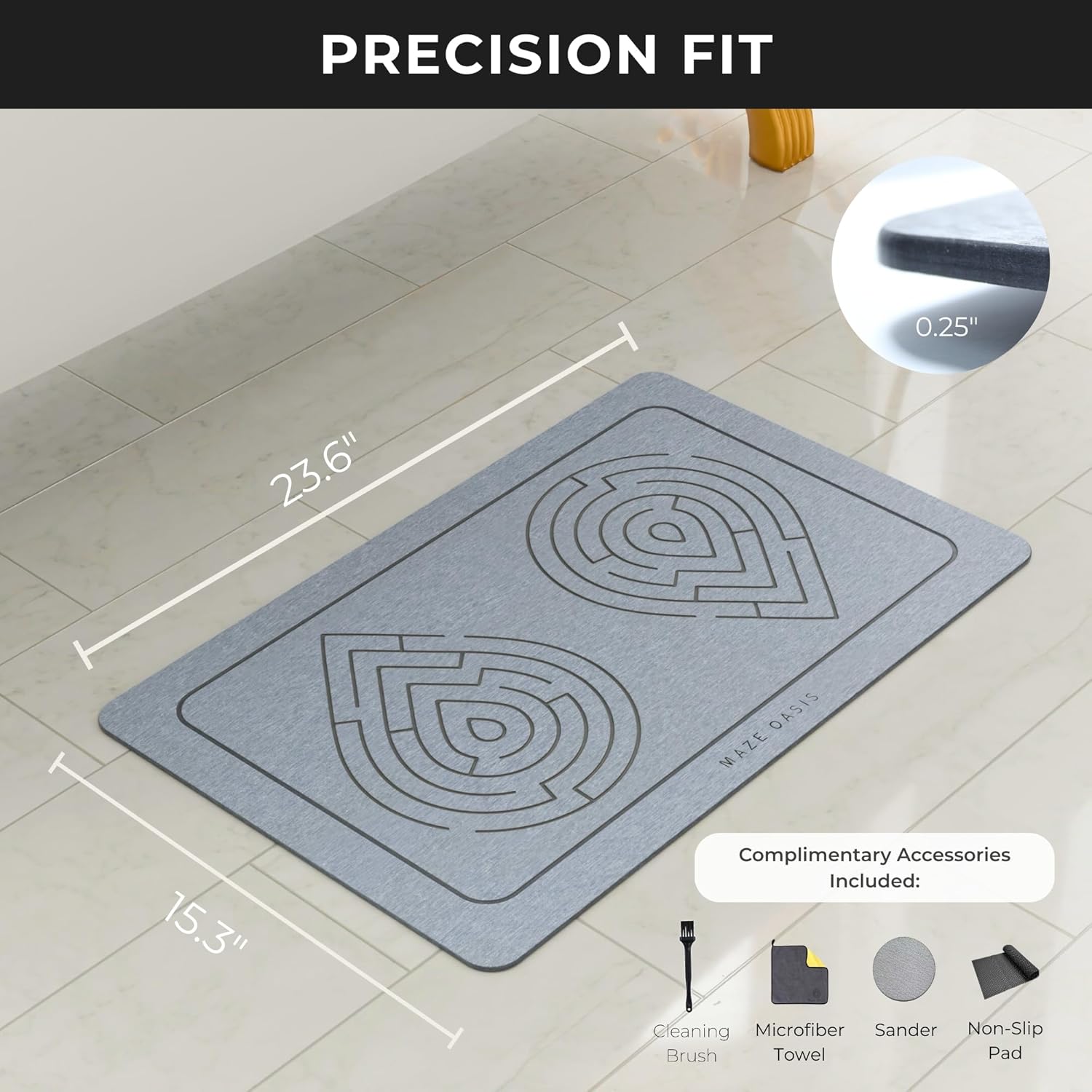 Stone Bath Mat Set (2 Pack) [3D Rapid-Dry Texture] – Diatomaceous Earth Mats for Bathroom & Stone Kitchen Drying Mat – Non Slip, Absorbent System – Zen Ash 23.6 x 15.3 in - Image 2