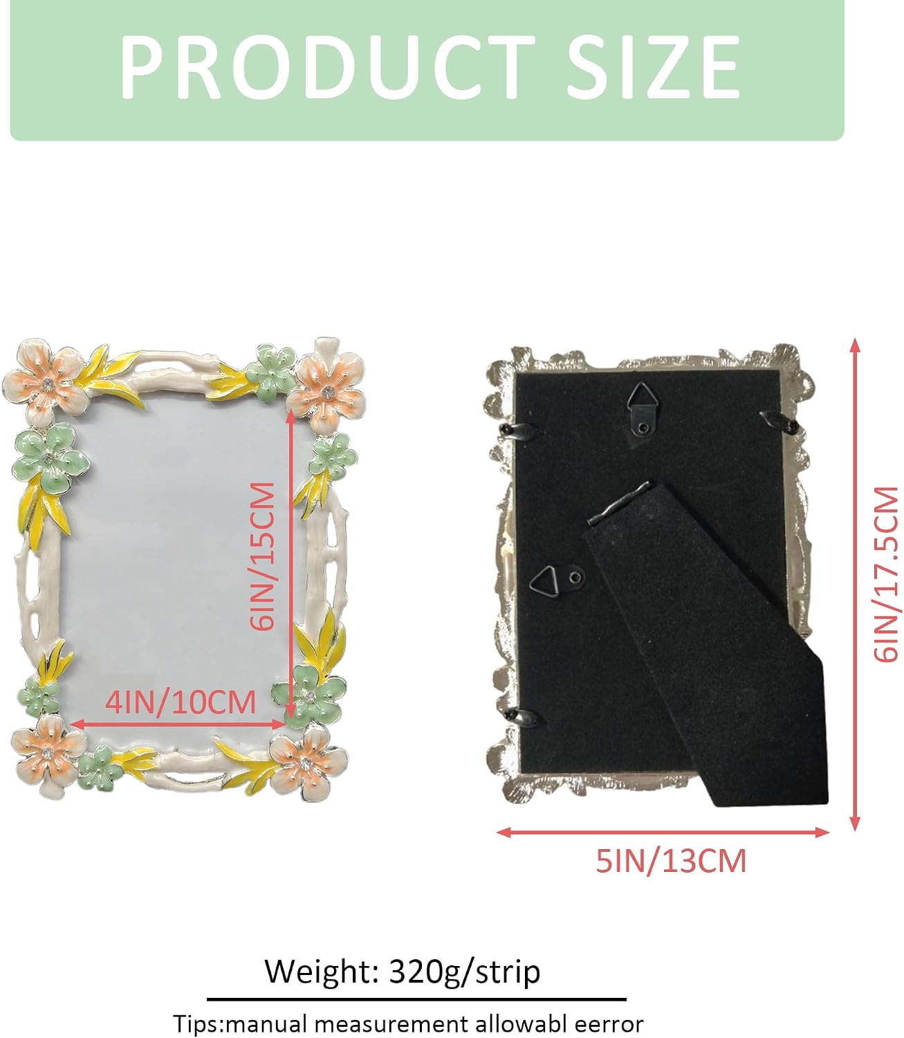 4X6 Wedding Picture Frame with Enamel Finis Glass Front - Ornate Antique Pink and Green Flowers Photo Frame Tabletop/Wall Vintage Display Gifts for Women