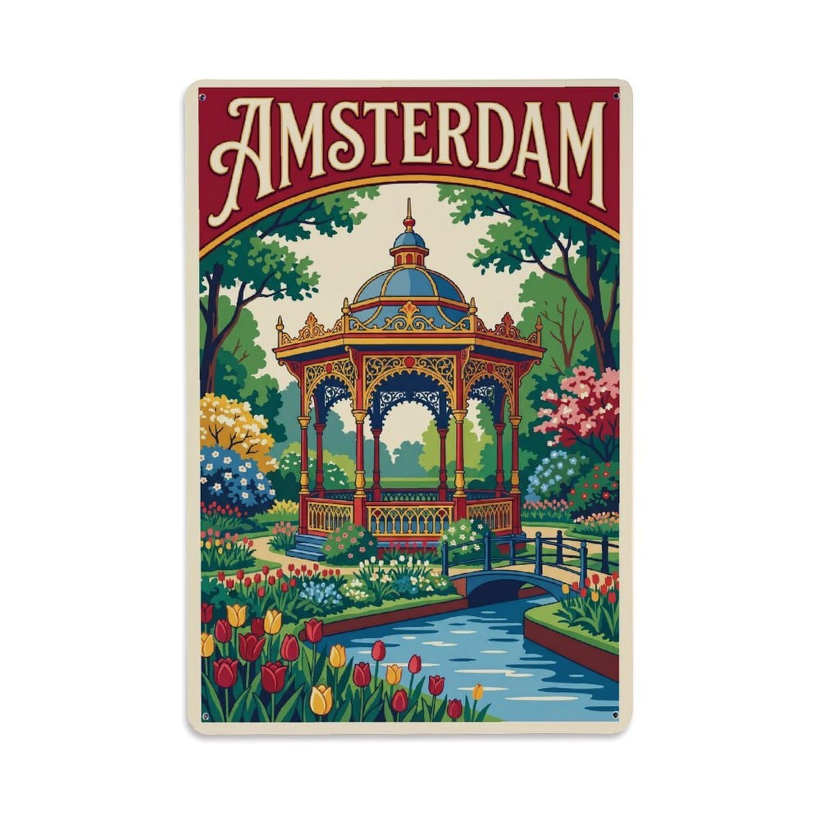 Okngb Style Pavilion Garden Amsterdam Holland Vintage Country Route Metal Tin Sign Plaque Wall Decor For Cafe, Man Cave, Club Bar, Office, Home Garden Round Metal Poster 8X12inch