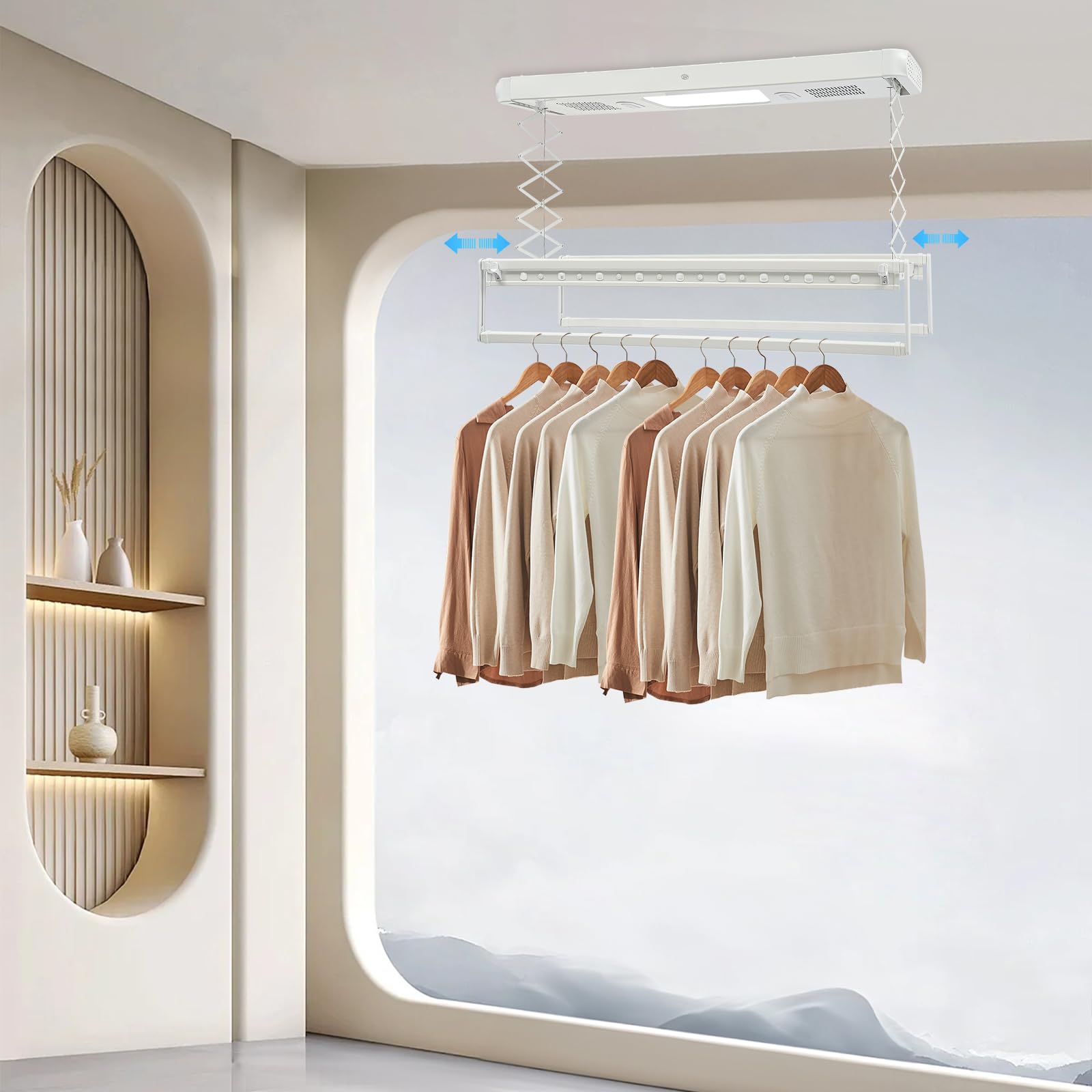 Elektrischer Wäscheständer, Deckenwäscheständer, Wand- und Deckenmontage, ausziehbar von 130–215 cm, Tragkraft 35 kg, mit Ventilator, LED-Beleuchtung und Fernbedienung, platzsparend für den Balkon