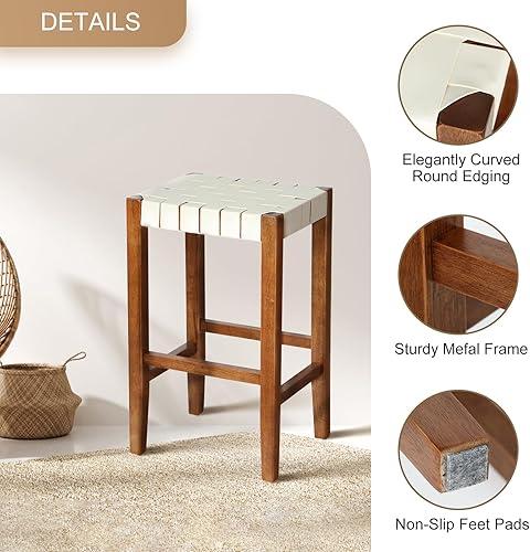 Miniatura 4 de YCUHEN Juego de 2 taburetes de bar tejidos de piel sintética de 26 pulgadas de altura de mostrador con reposapiés, taburetes de madera para