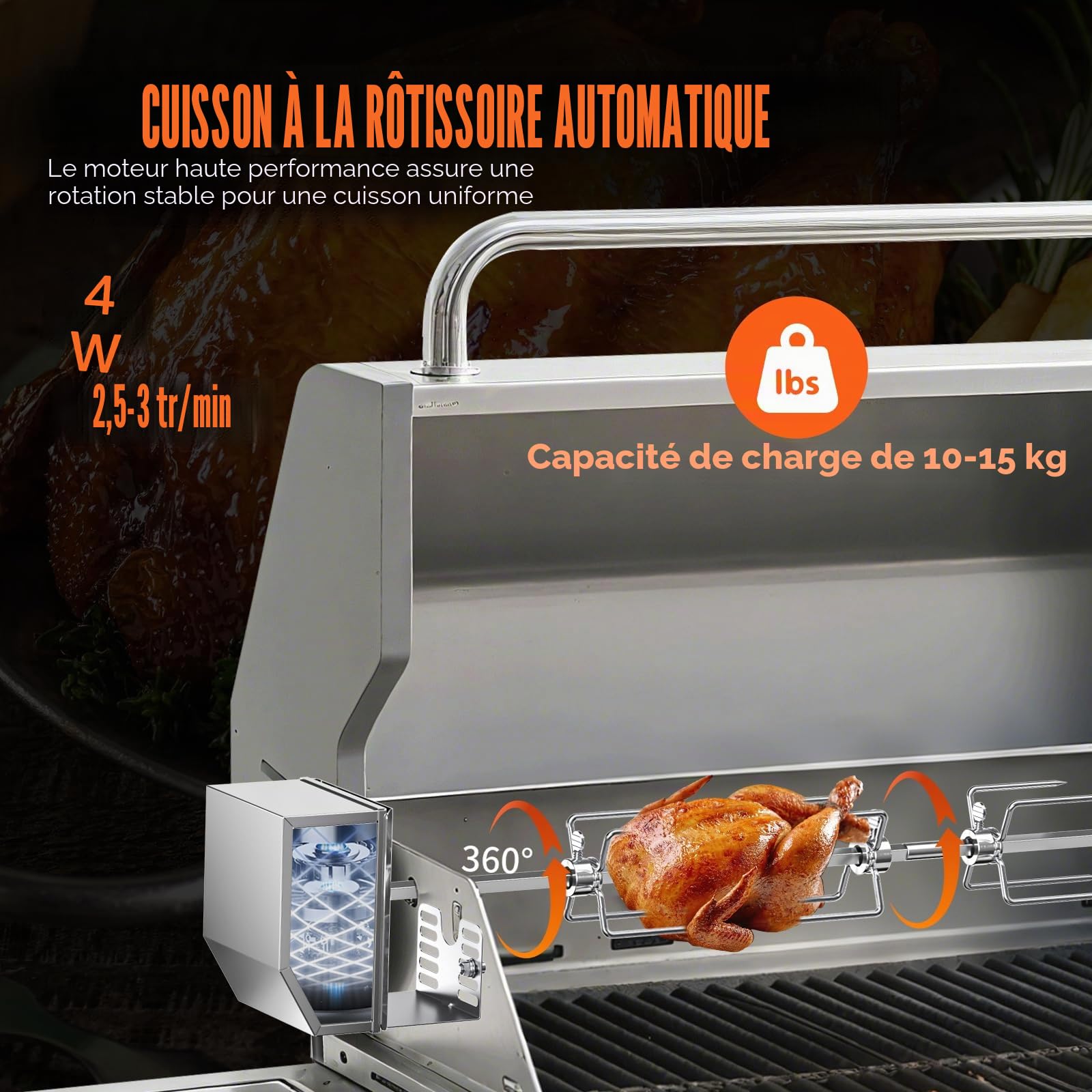 Tourne-broche électrique,tourne-broche automatique à 360°avec moteur 120V 4W, tige de broche de 34 à 42cm,4 fourchettes à viande, supports complets et vis de fixation pour barbecues de jardin