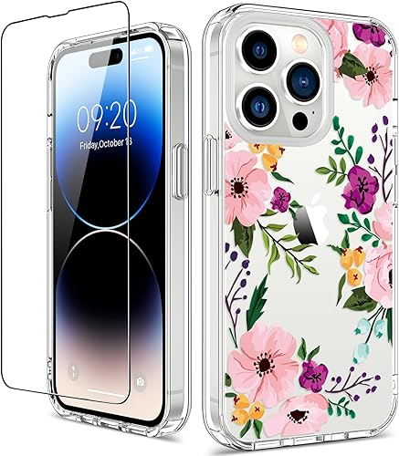 Miniatura 29 de GiiKa Funda rígida para iPhone 14 con protector de pantalla, 6.1 pulgadas, transparente, a prueba de golpes, diseño floral rosa, para niñas y Small