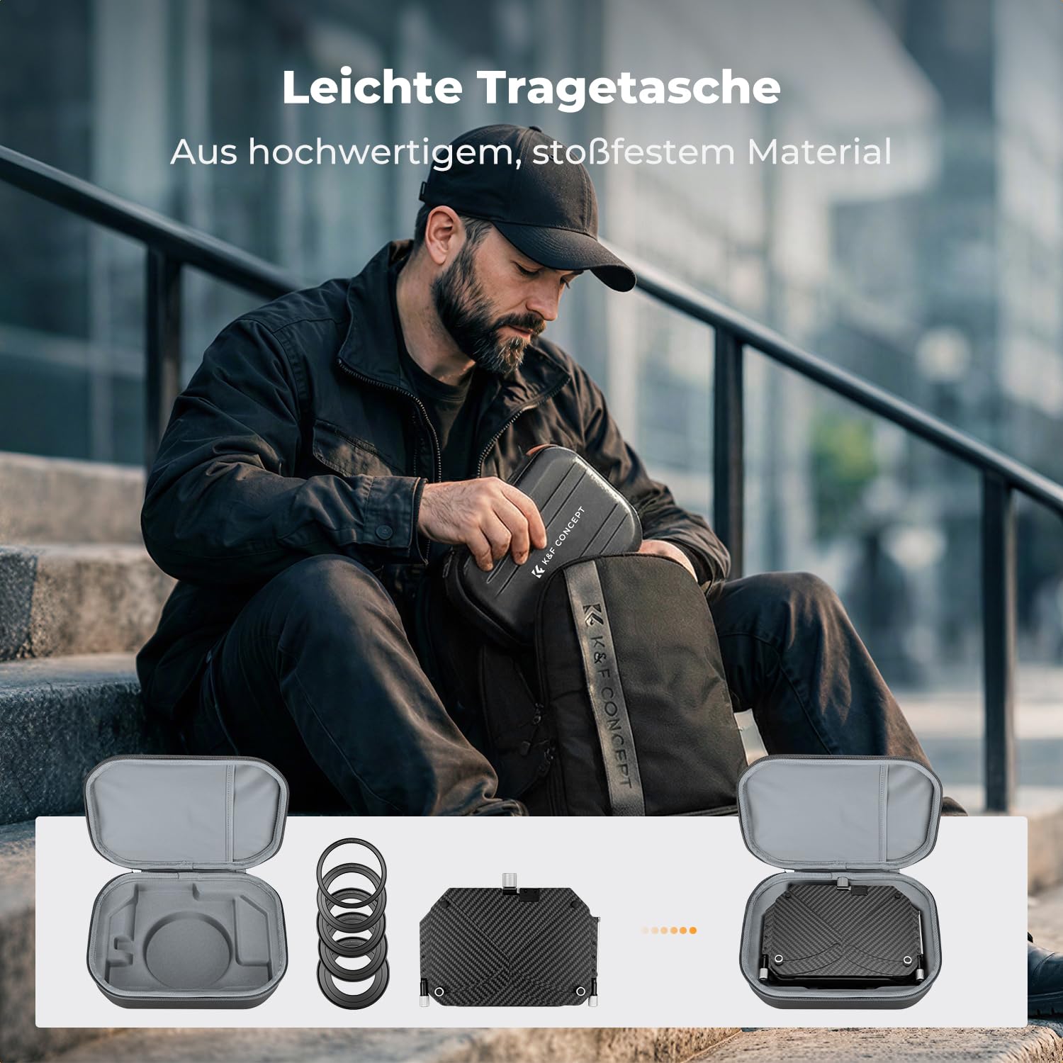K&F CONCEPT Nano-X Pro Mini Matte Box mit Karbonfaser-Flaggen-Seitenklappe oben, mit 10,2 x 14,6 cm quadratischen Filterschalen und 67/72/77/82/95 mm Objektivadapterringen für spiegellose DSLR-Kameras