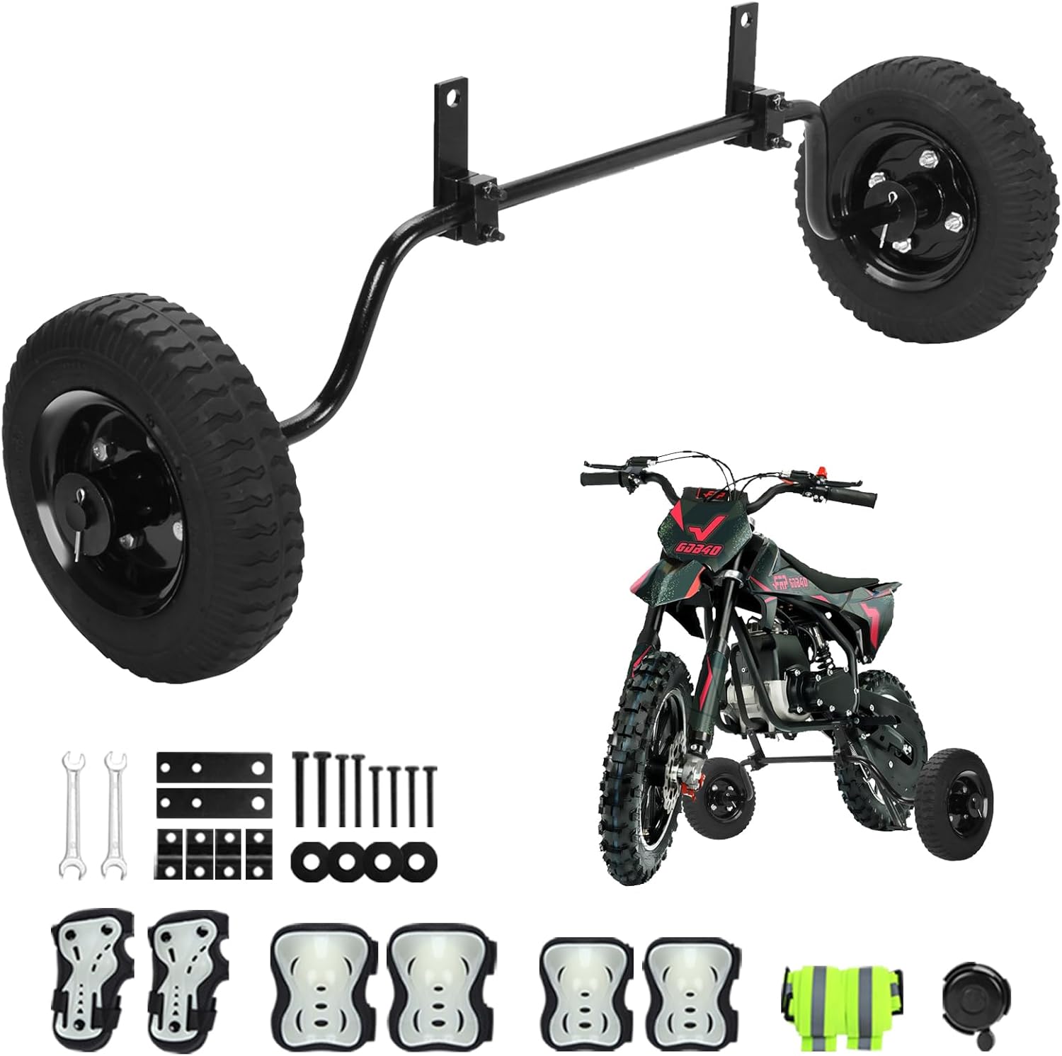 Dirt bike training wheels compatible with common kid bikes