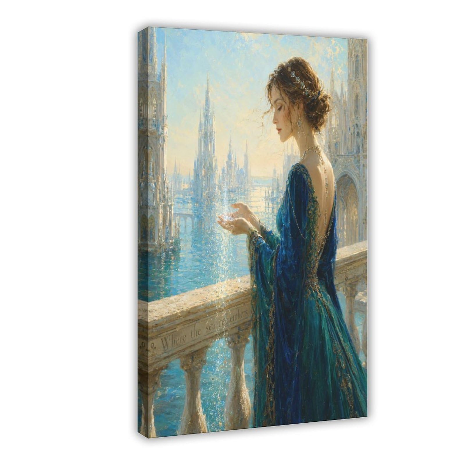 W7c8u2x3 Frame-Style-12 Woman In Blue Dress Canvas Wall Art, Canal Balcony Living Room