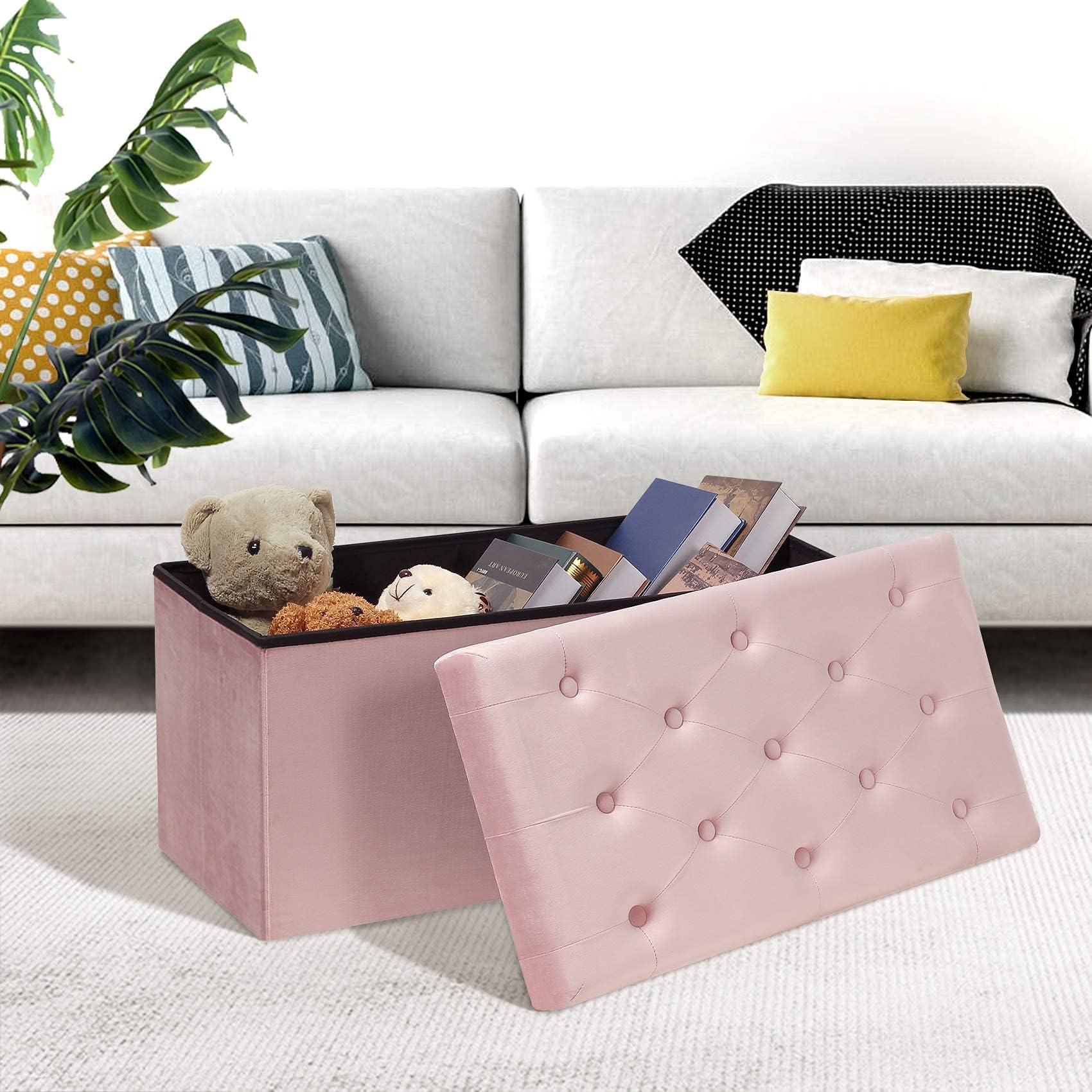Bonlife Sitzbank mit Stauraum,Faltbarer Hocker,Aufbewahrungsbox Fußhocker Samttuch,Falthocker Sitzbänke Truhen,Rosa,80x40x40cm