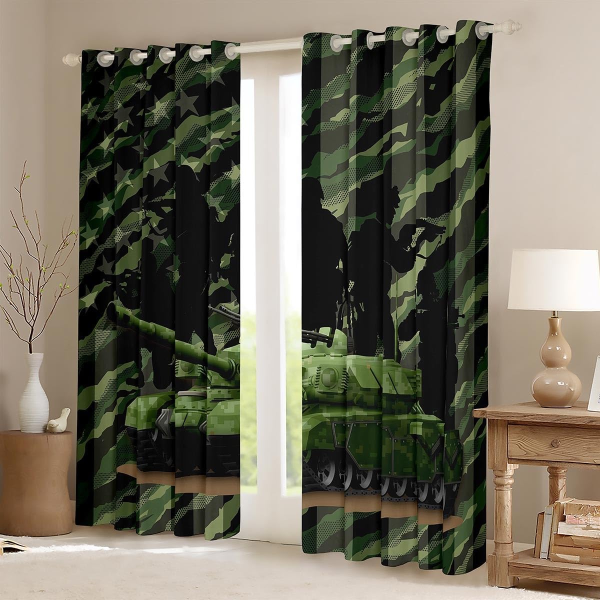 Army Green Camo American Flag Window Curtain for Kids Boys 3D Camouflage Tank Soldier Silhouette Curtains Teens Men Bedroom Decor Geometric Stars Stripes Window Treatment Curtain Modern