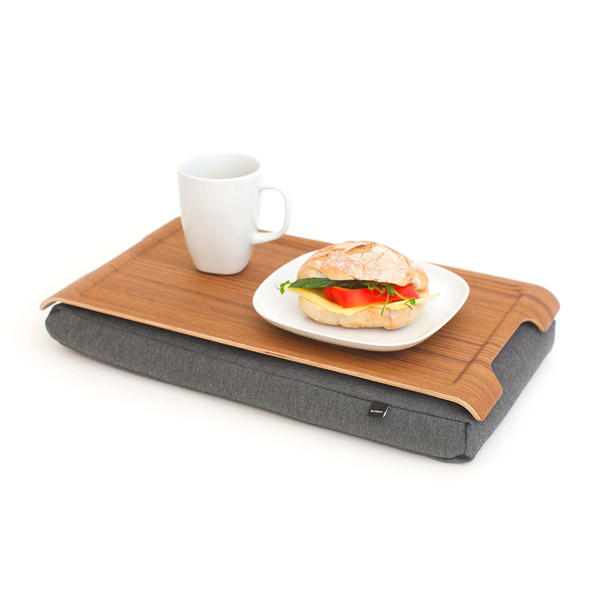 Kissentablett - Mini Laptray Antislip. Holz. Teak. Salz & Pfeffer Grau - 43x23x6,5 cm