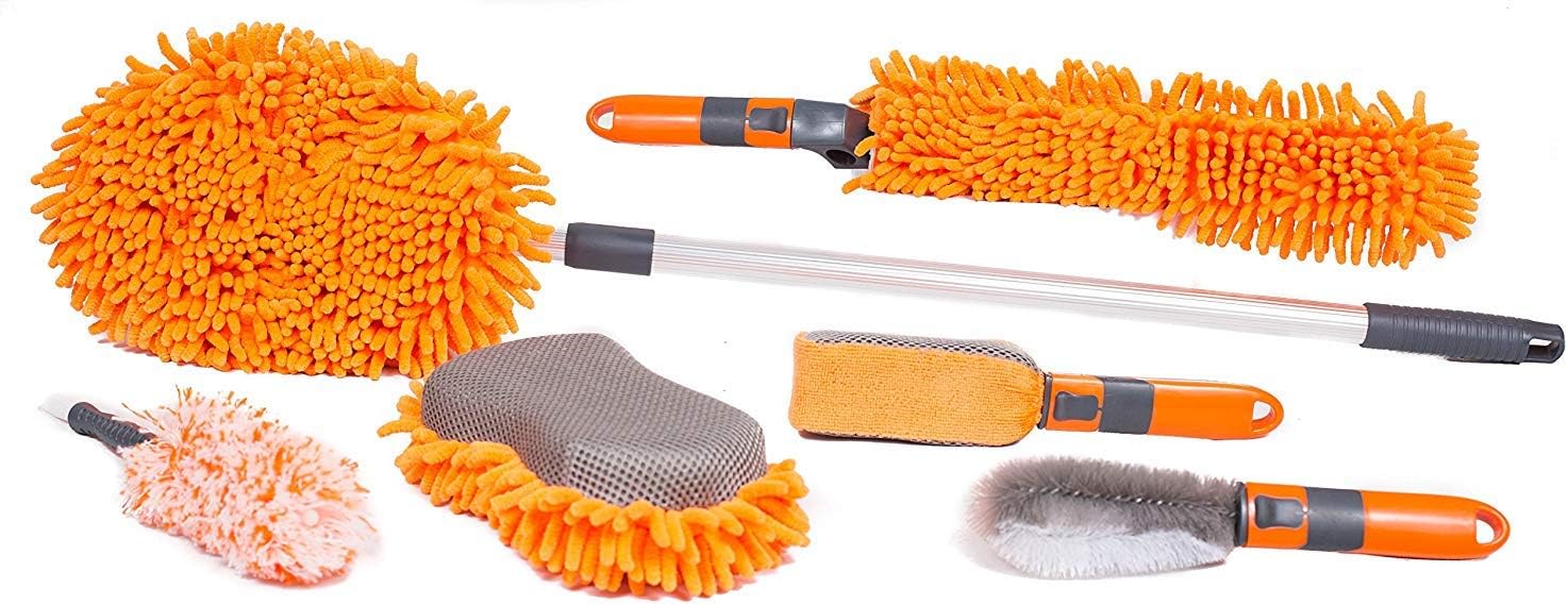 BIRDROCK HOME Car Wash Kit - Microfiber Cleaner - Tire Wheel Brush - Sponge - Duster - Extendable Cleaning Tool - Detailing Set